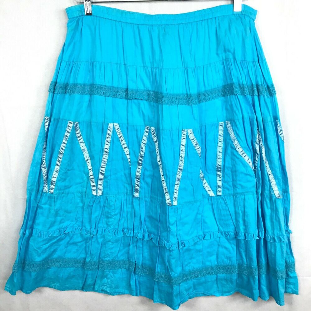 Choices Skirt Womens Sz XLP Petite Blue Cotton Tiered Lace Ruffle A-Line